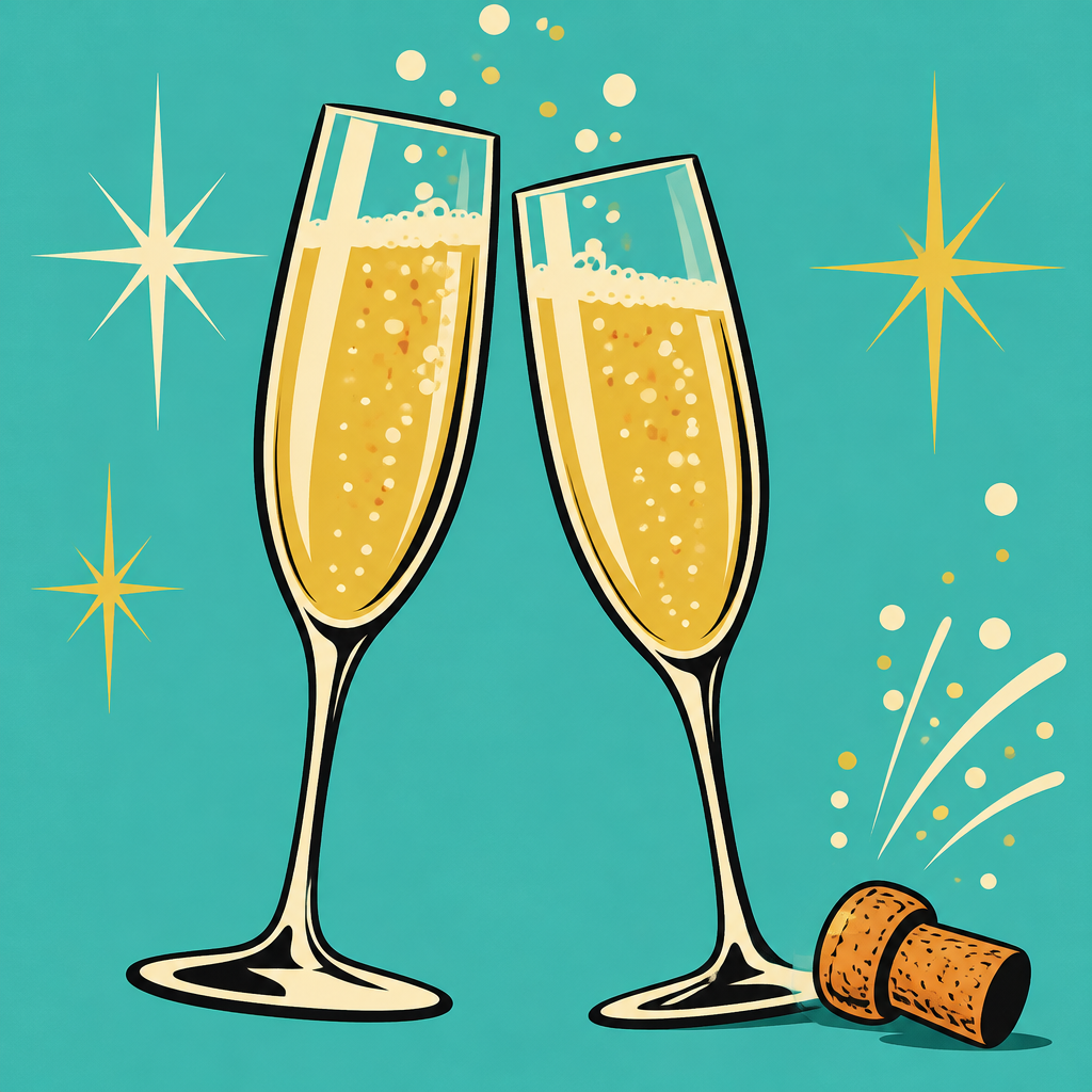 Retro illustration of sparkling Champagne flutes.