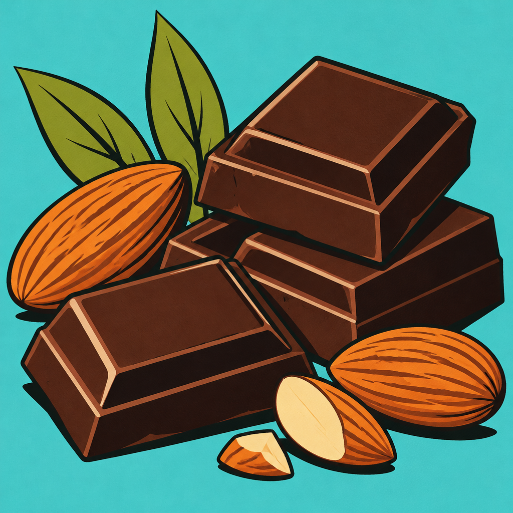 Illustration of dark chocolate pieces and almonds.