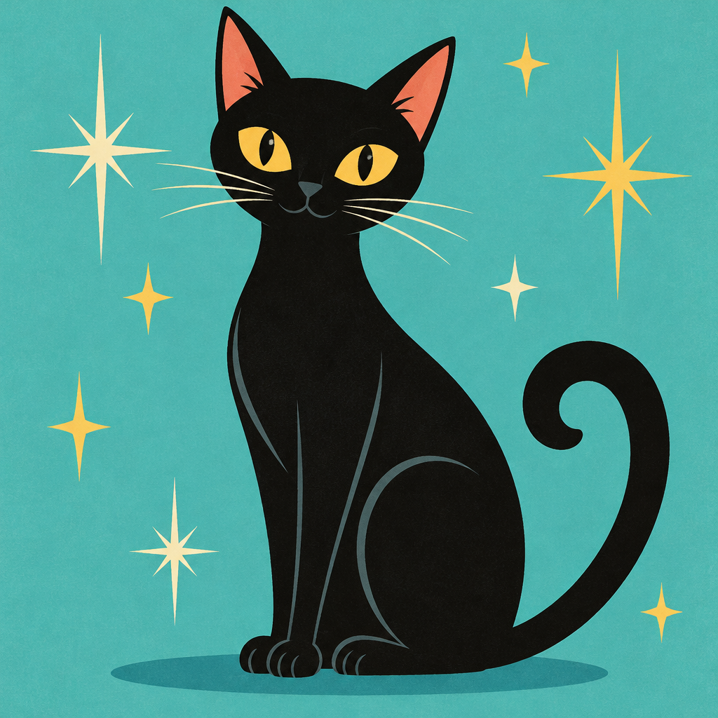 Retro illustration of a black cat with golden eyes.