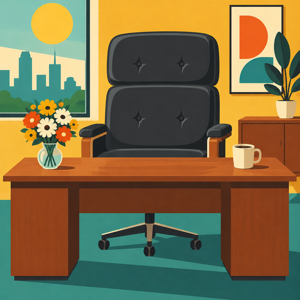 An office chair and desk with flowers and a coffee mug