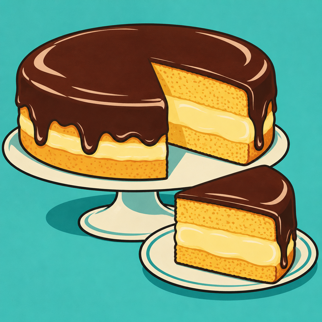 Retro illustration of Boston cream pie with a slice showing its custard layers.