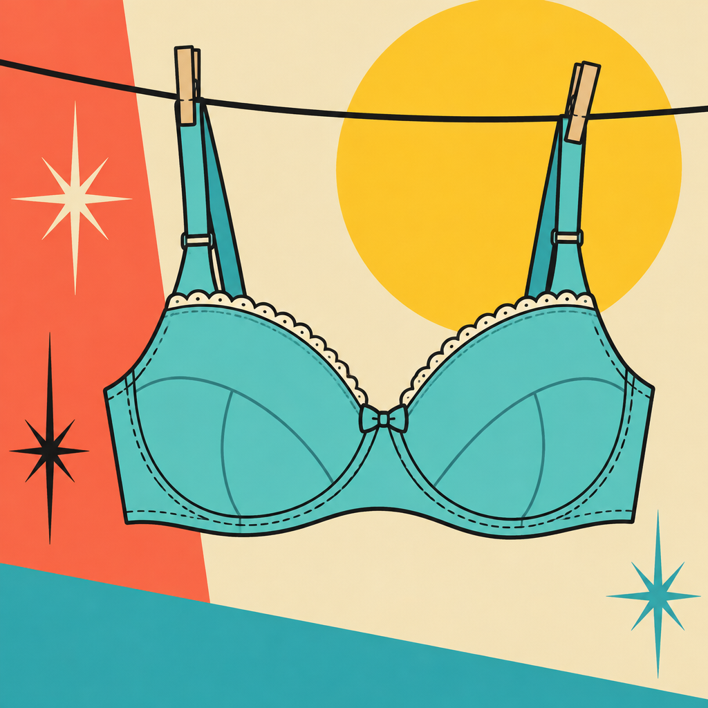 Retro illustration of a bra on a clothesline.