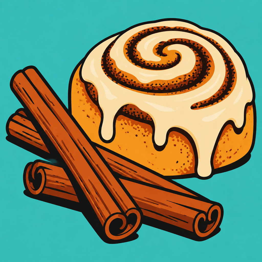 Illustration of cinnamon sticks and a cinnamon roll.