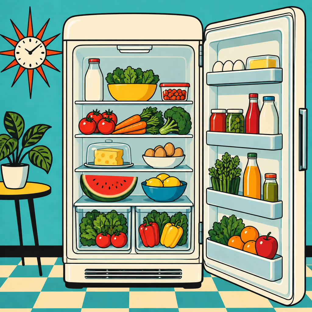 Illustration of a tidy refrigerator with fresh food.
