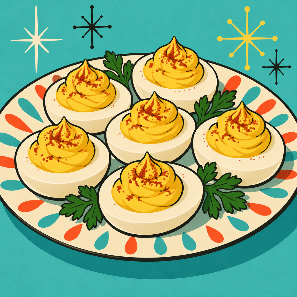 Illustration of deviled eggs on a plate.
