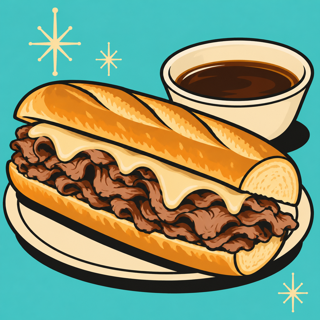 Illustration of a French dip sandwich and broth.