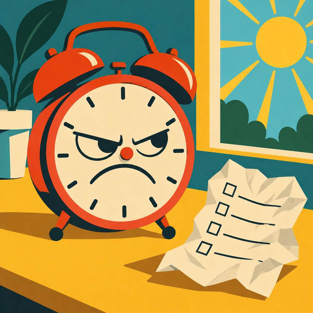 A grumpy alarm clock beside crumpled paper