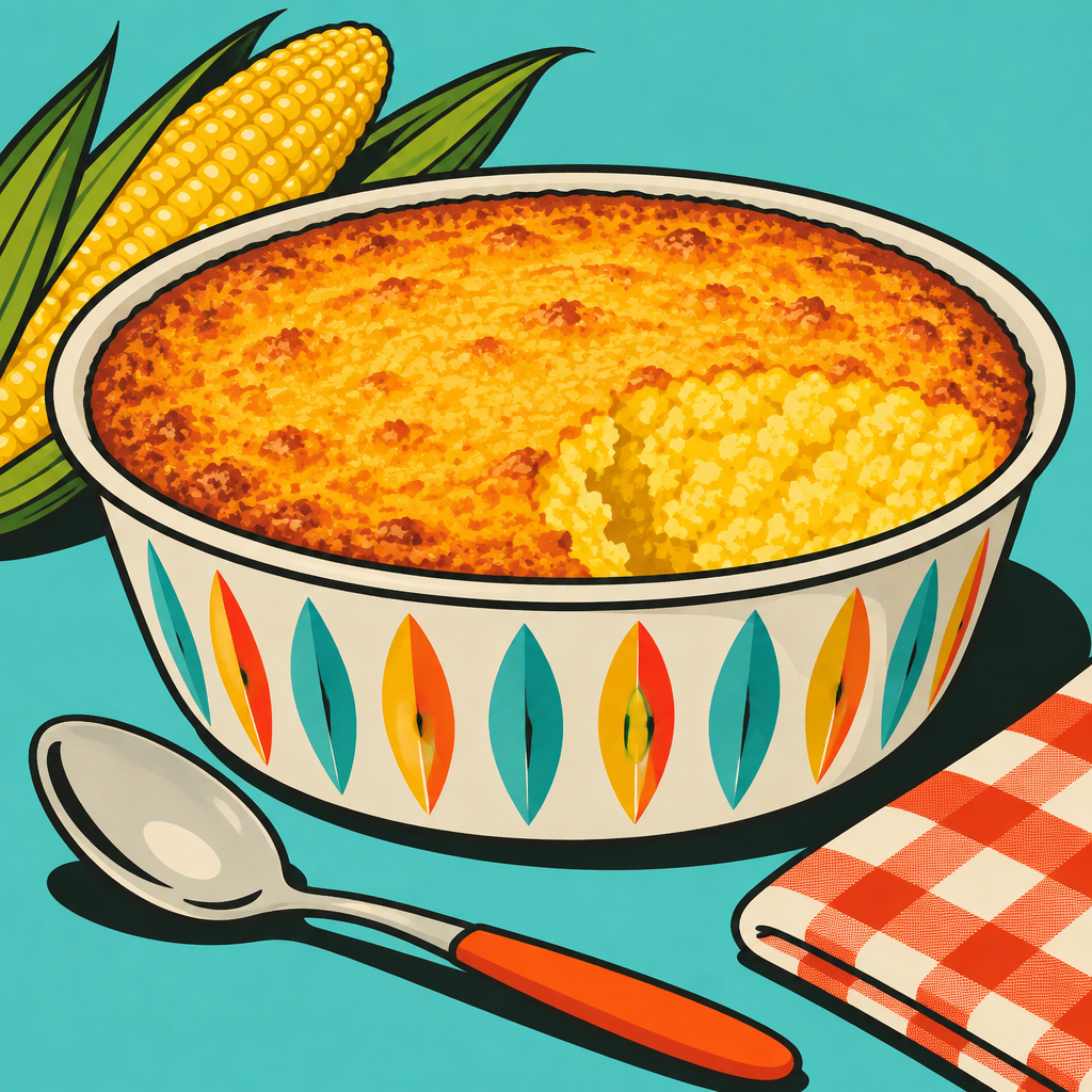 Illustration of a bowl of baked cornmeal pudding.
