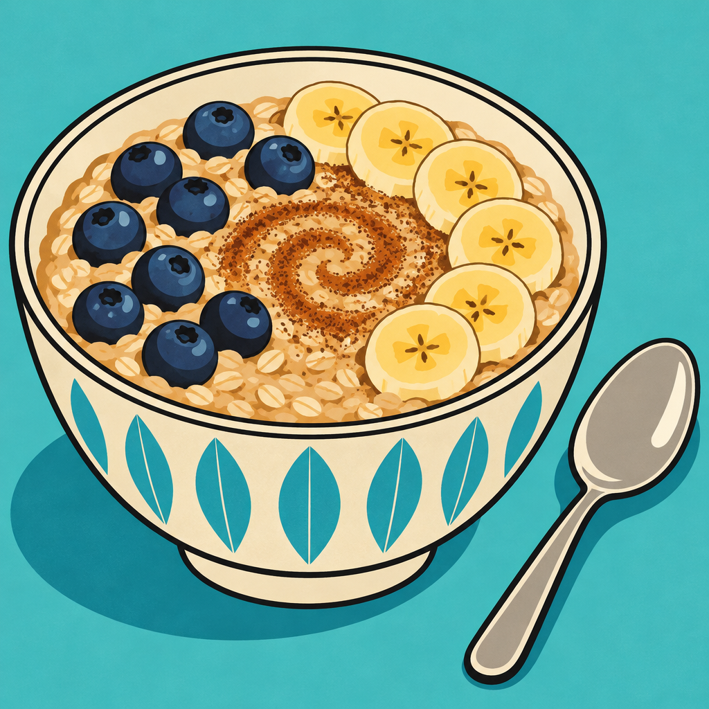 Retro illustration of oatmeal topped with fruit.
