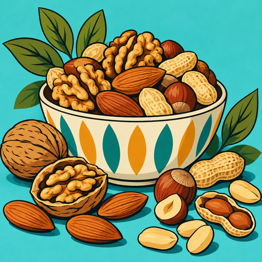 Retro illustration of a bowl of mixed nuts.