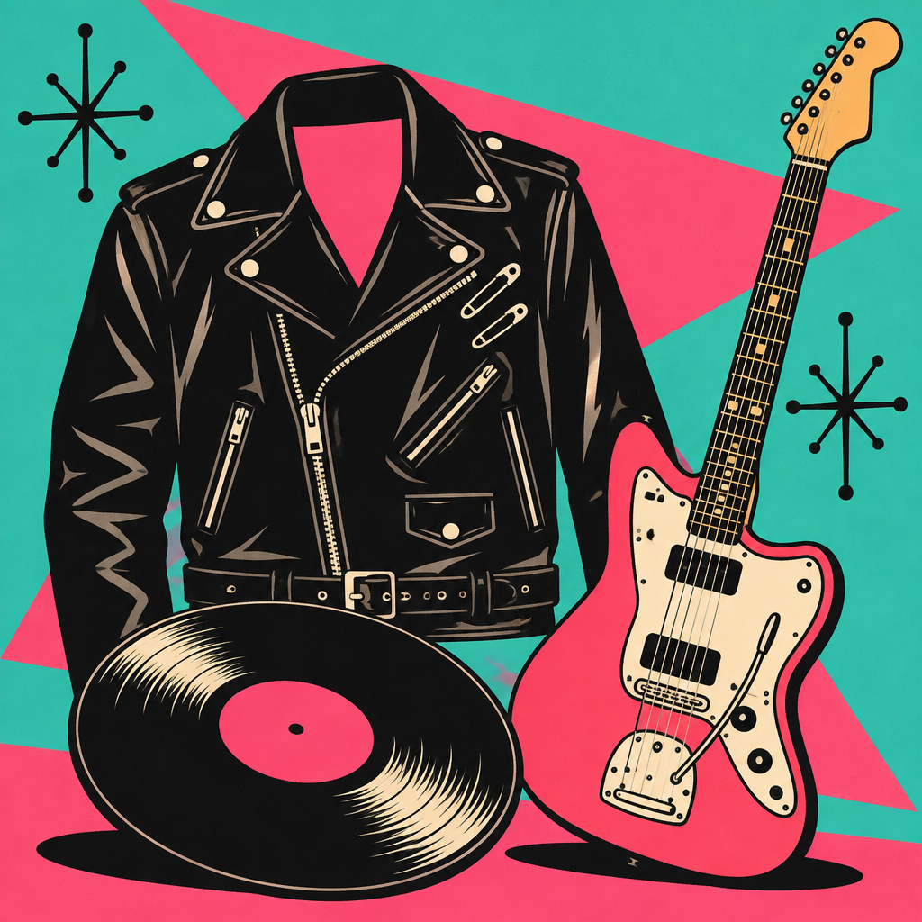 Retro illustration of a punk jacket, vinyl record, and guitar.