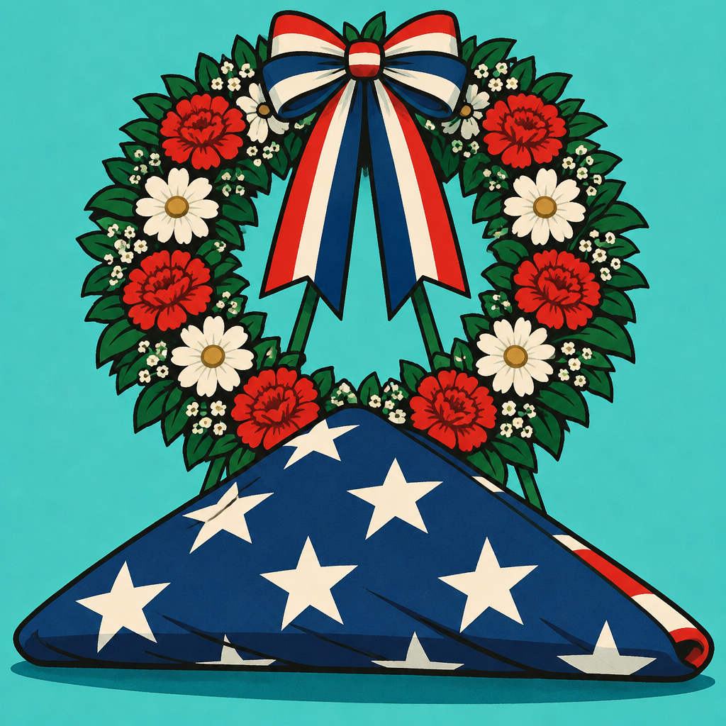 Illustration of a folded American flag and a respectful wreath.